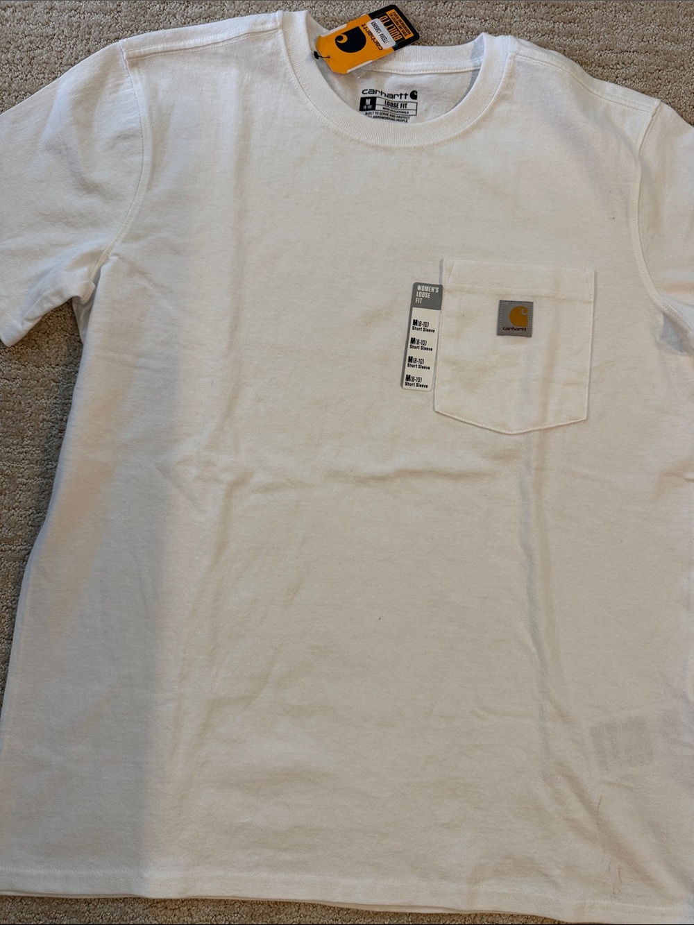 Carhartt White Short-Sleeve Pocket T-Shirt with Tan Logo Patch